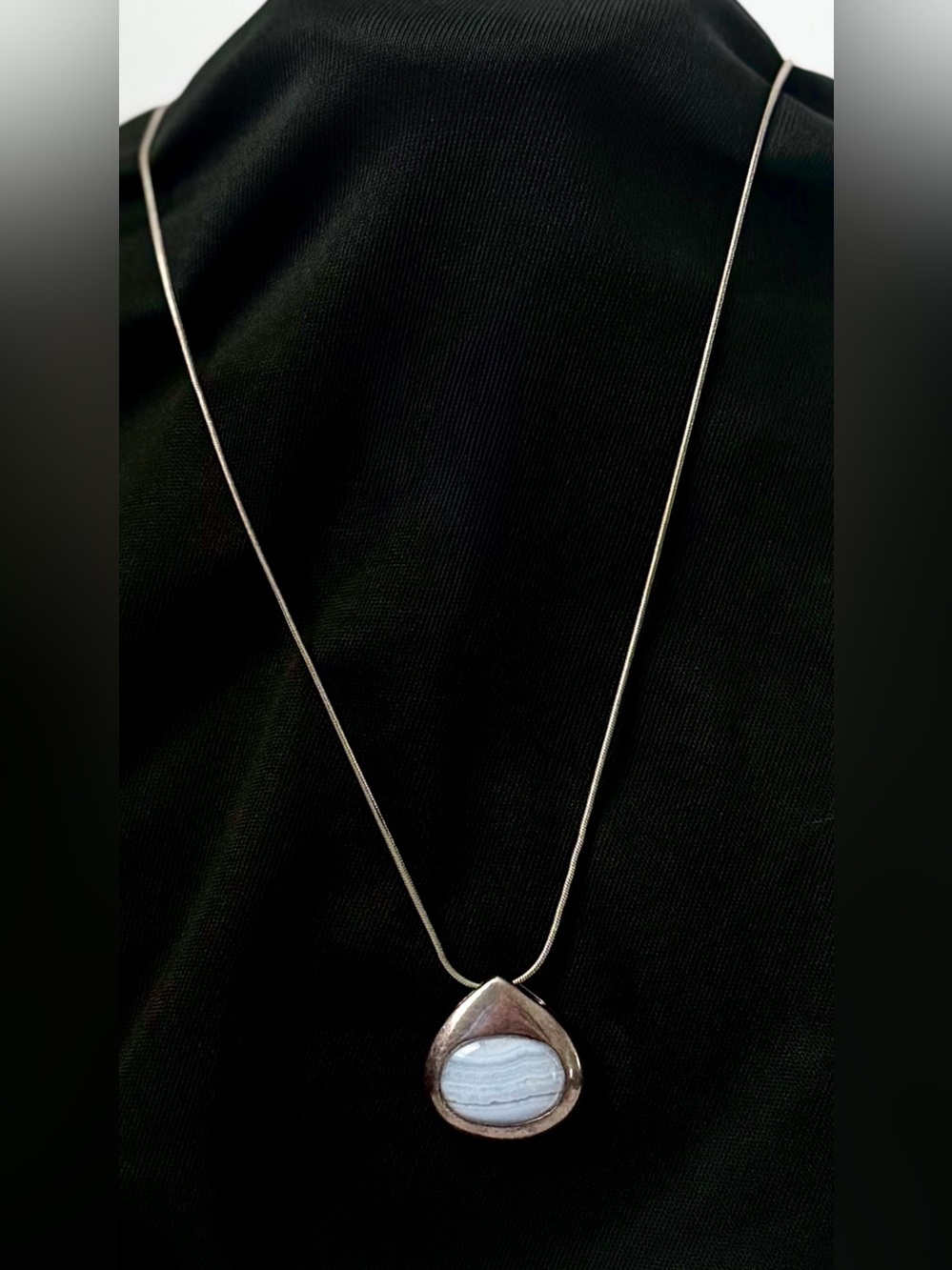 Vintage MJI Italy Sterling Silver Blue Lace Agate Gemstone Teardrop Necklace